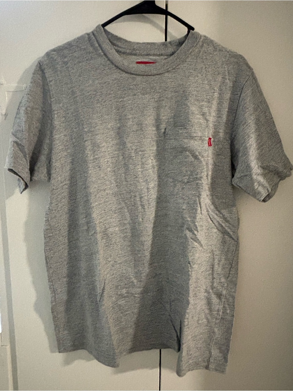 WORN ONCE Supreme Heather Grey Short Sleeve Pocket Tee with Red Tab